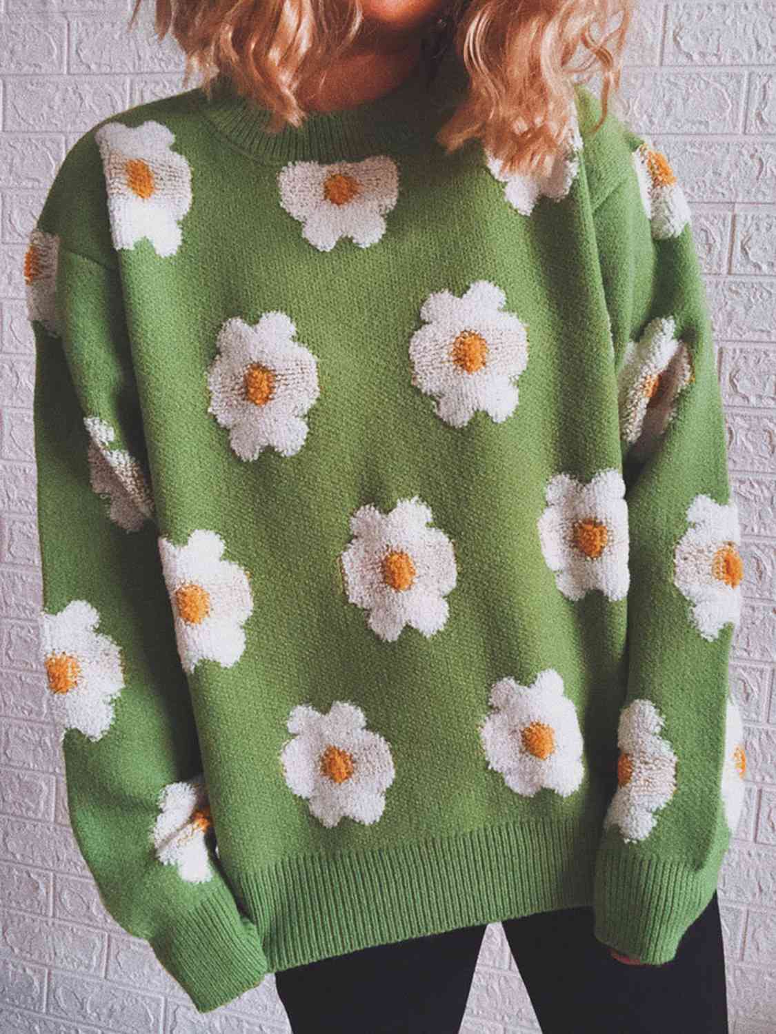 Flower Round Neck Long Sleeve Sweater Media 1 of 6